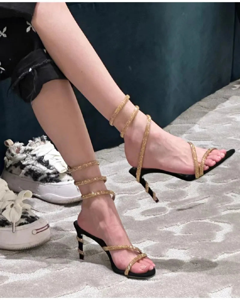 Star style Luxury Crystal Snake Coiled Women Sandals Sexy Stiletto High heels Gladiator Sandals Summer Fashion Party Prom Shoes