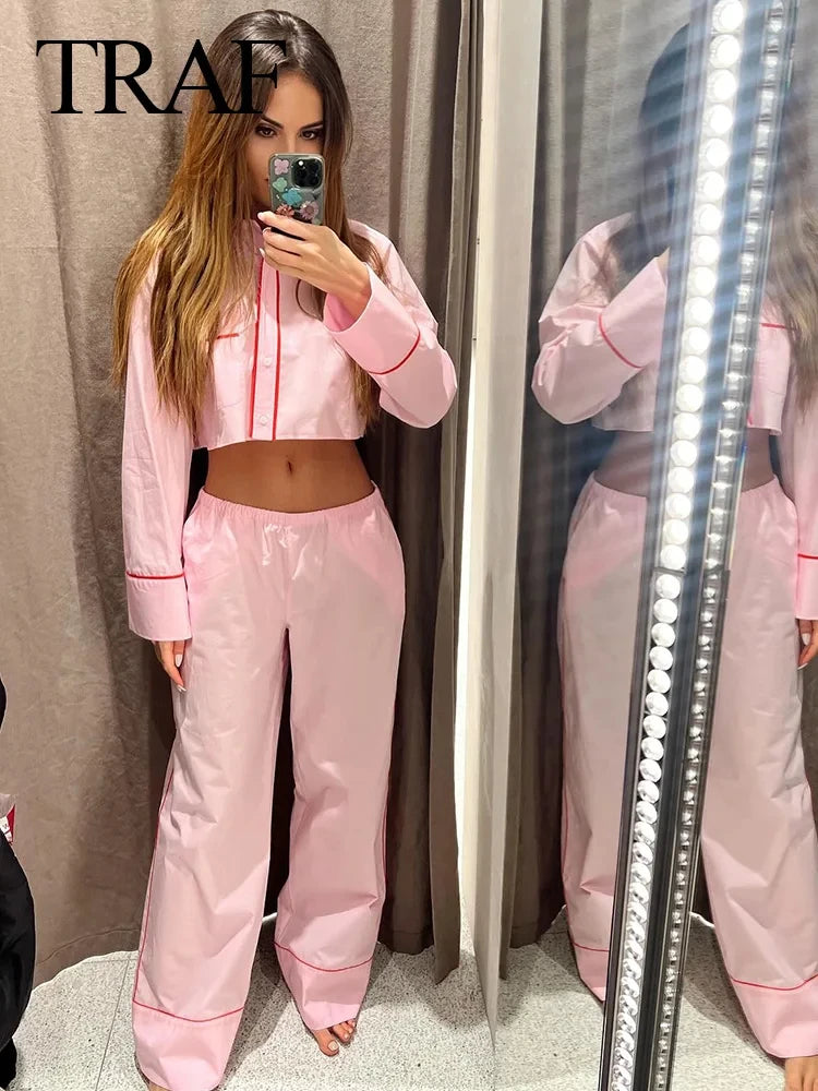 Spring Woman's Fashion Pink Suits Turn-Down Collar Long Sleeves Single Breasted Shirts+Mid Waist Lace-Up Wide Leg Pants