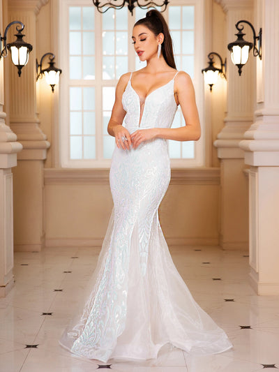 Sleeveless V Neck Sequined Mermaid White Wedding Party Dress Backless Floor Length Evening Prom Gown