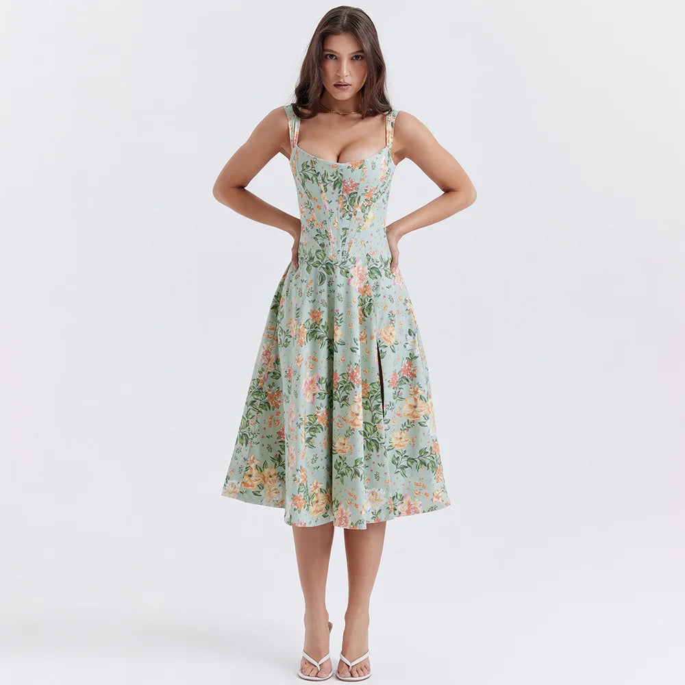 Green Lace Up Floral Print Dress Elegant with Boning Casual Party Holiday Dress High Quality