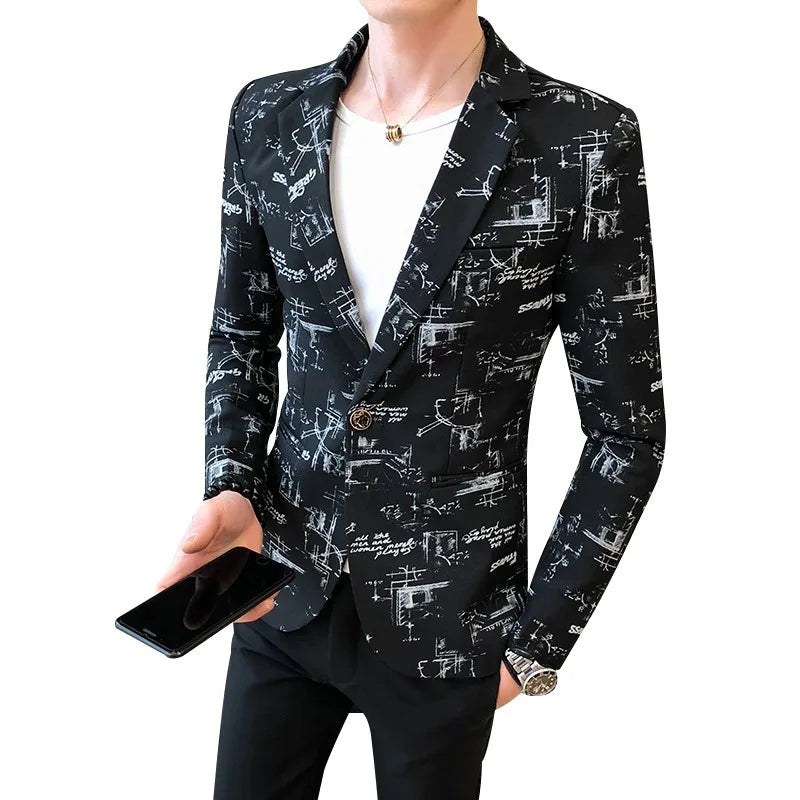 Spring Fashion High-quality Men Korean Version of The Printed Slim Formal Wedding Party Prom Suit Jacket