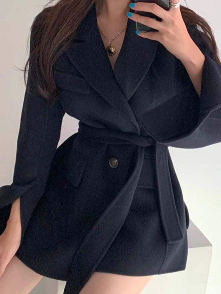 Lapel Coat Women Belt Full Sleeve Spliced Pockets