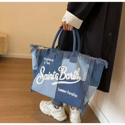 New Hot Selling Canvas Solid Color Women's Bag Large Capacity Printed Letter Tassel Splicing High-quality Handbag