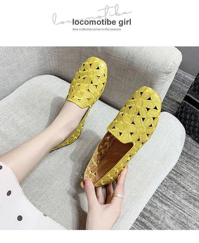 Square Toe Summer Shoes for Women Embroidery Designer Shoes Soft Slipon Loafers Moccasin Leisure