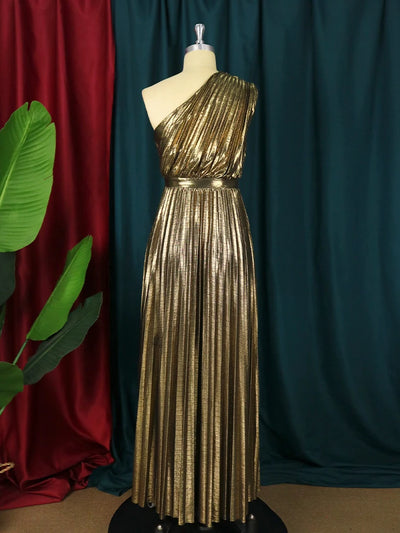 Luxury Maxi Long Metallic Pleated Dress One Shoulder Sleeveless Premium Shiny Shimmer Gowns Big Size