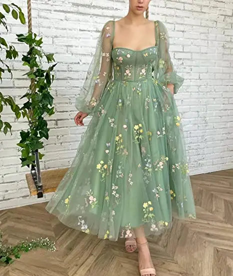 Fairy Puffy Sleeve Lace Embroidery Tulle Formal Evening Party Gown Elegant Tea Lengt Robe De Soiré