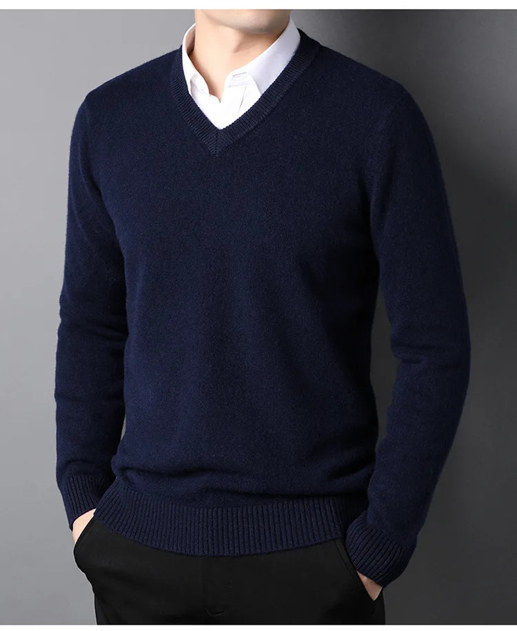 Cashmere Cotton Blend Classic V-Neck Pullover Men Sweater