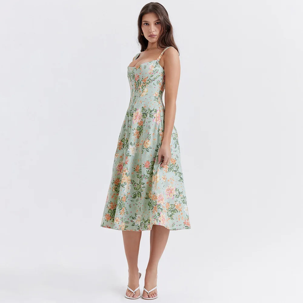 Green Lace Up Floral Print Dress Elegant with Boning Casual Party Holiday Dress High Quality