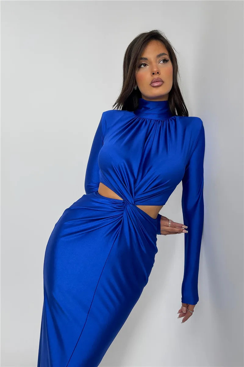 Elegant Hollow Out Sexy Maxi Dress For Women Autumn Winter New Turtleneck Long Sleeve Bodycon Club Party Evening Dress