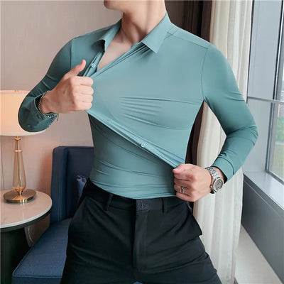 High Elasticity Seamless Shirts Men Long Sleeve Top Quality Slim Casual Luxury Shirt Social Formal Dress Shirts