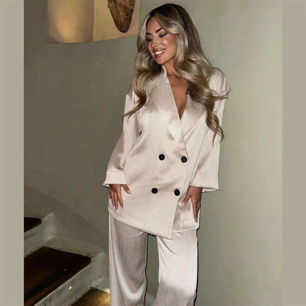 New Women's Fashion and Elegance Versatile Wrinkle Effect Double breasted Suit Coat Straight leg Trouser Set