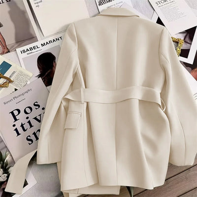 Women's Blazers Spring Autumn Suit Coat Beige Tie Up Jacket Slim Fit Stylish Top Outerwear Office Lady Blazer for Women Clothing