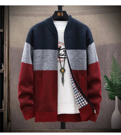 Autumn Winter Cardigan Sweater Men Fleece Zipper Sweaters Velvet Contrast Striped Sweater Coats Casual Jackets