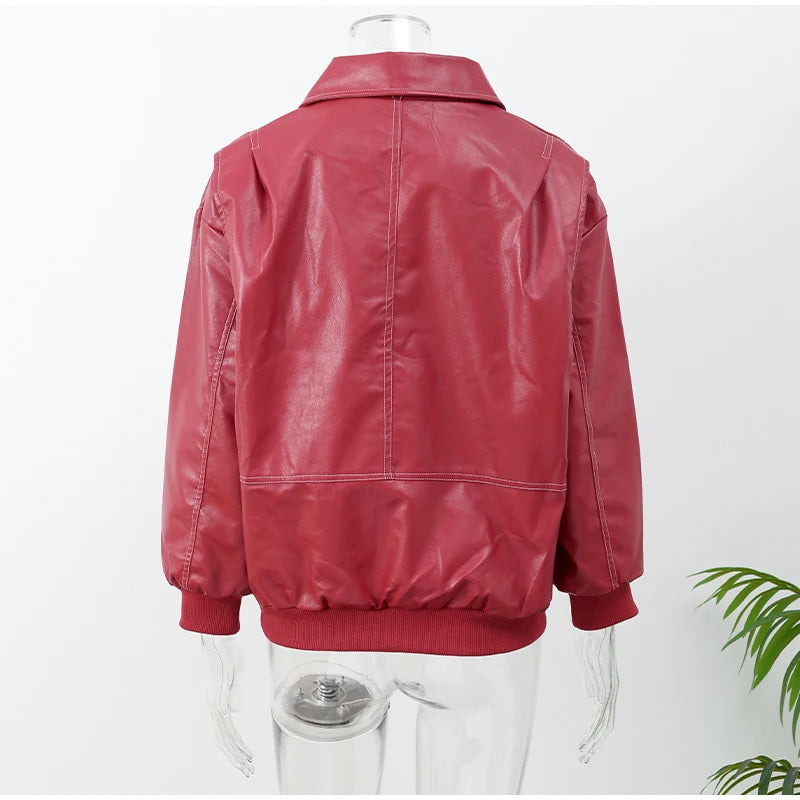 Casual Zipper Solid Color Women's Pu Leather Jacket Retro Lapel Long Sleeved Short Coat