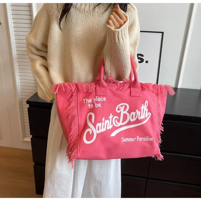 New Hot Selling Canvas Solid Color Women's Bag Large Capacity Printed Letter Tassel Splicing High-quality Handbag