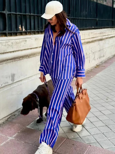 Women's Striped Shirt Pants Suit Lapel Long Sleeves Top High Elastic Waist Pockets Straight Leg Pant Female Set