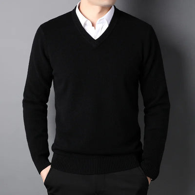 Cashmere Cotton Blend Classic V-Neck Pullover Men Sweater