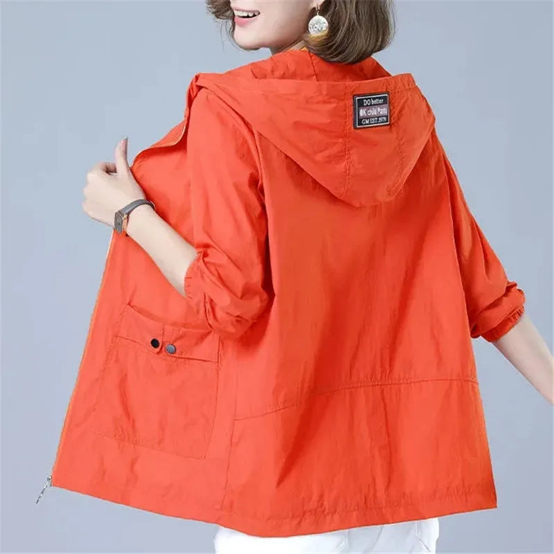 New Anti-Ultraviolet  Coat Female Hooded Jacket Zipper Loose Outerwear G1951