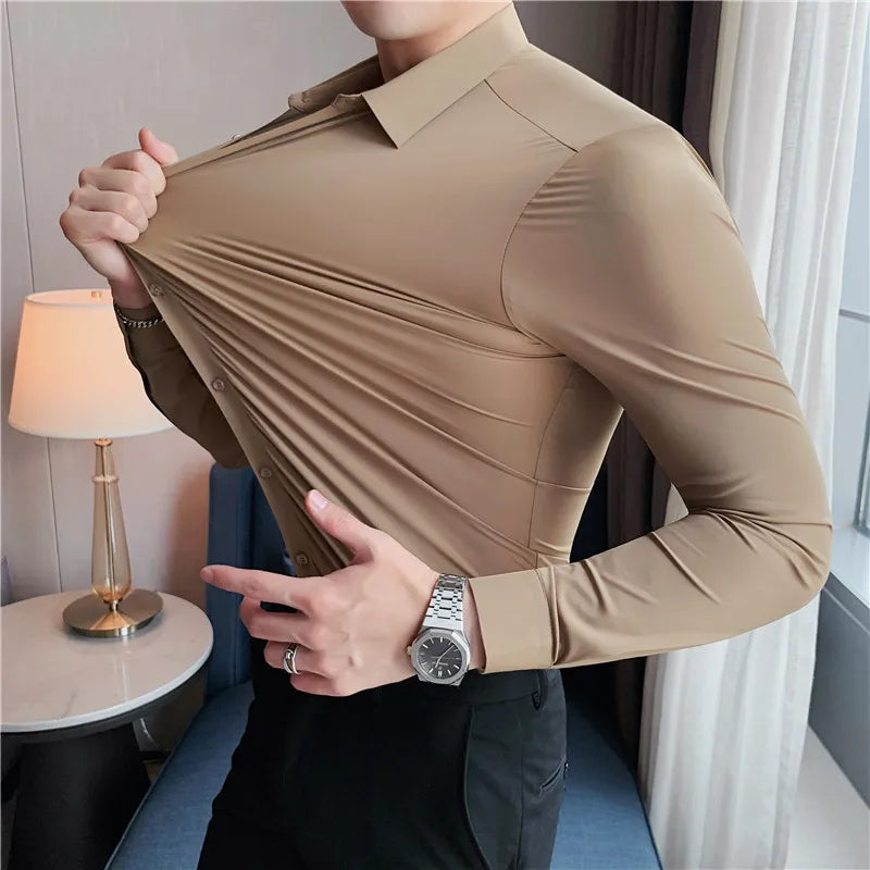 High Elasticity Seamless Shirts Men Long Sleeve Top Quality Slim Casual Luxury Shirt Social Formal Dress Shirts