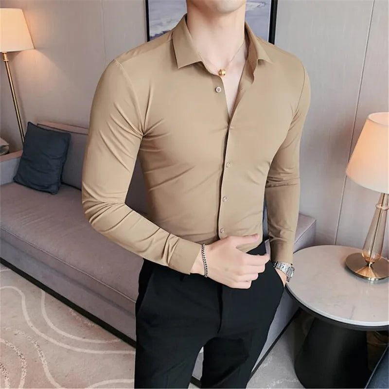 High Elasticity Seamless Shirts Men Long Sleeve Top Quality Slim Casual Luxury Shirt Social Formal Dress Shirts