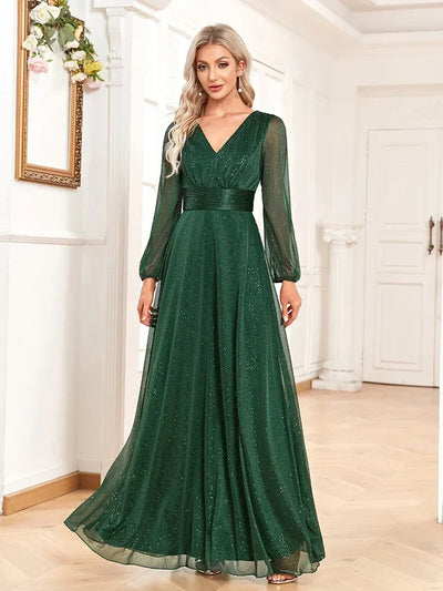 Ladies Wedding Bridesmaid Dress Elegant New V Neck Shiny Chiffon Evening Gown A Line Long Sleeve Party Dress Women Evening Wear