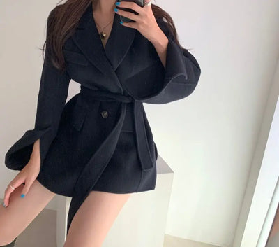 Lapel Coat Women Belt Full Sleeve Spliced Pockets