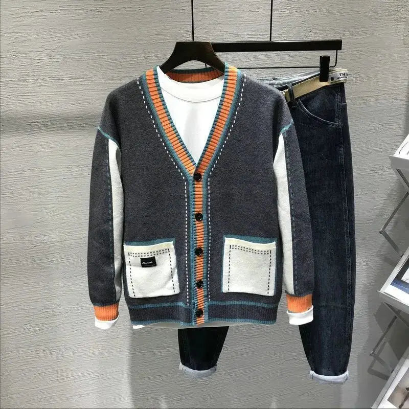 Knitting Cardigan Sweaters Youth Tide Contrast Color All-match Korean Version Coat