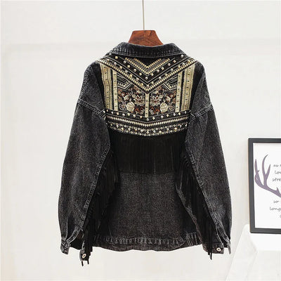 Floral Embroidery Suede Fringe Loose Chaquetas Mujer Coat Long Sleeve Outerwear Women Veste Femme