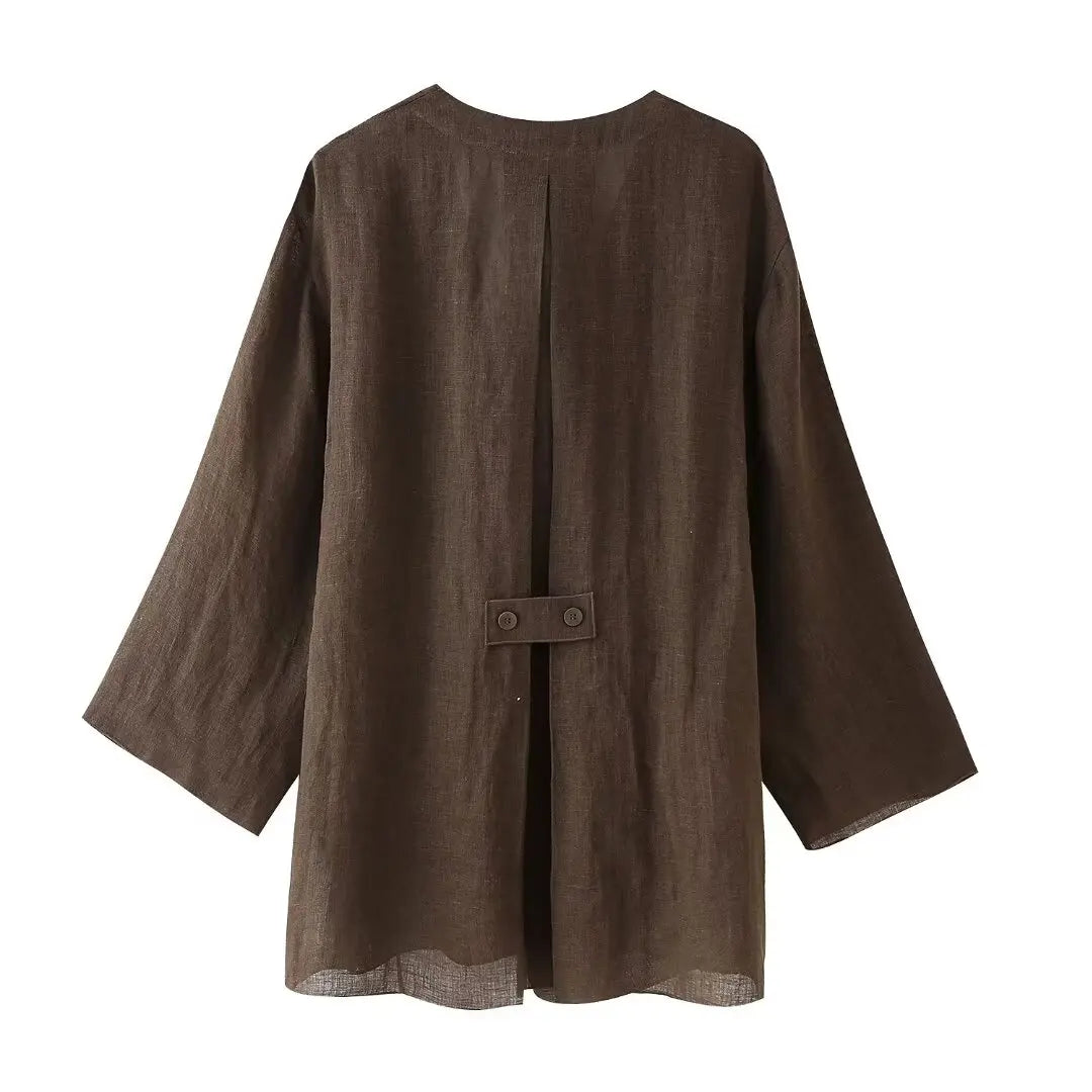 Linen Solid Color Shirt Set Belted Cardigan Kimono Top + High Waist Women's Pleated Pants 2-piece