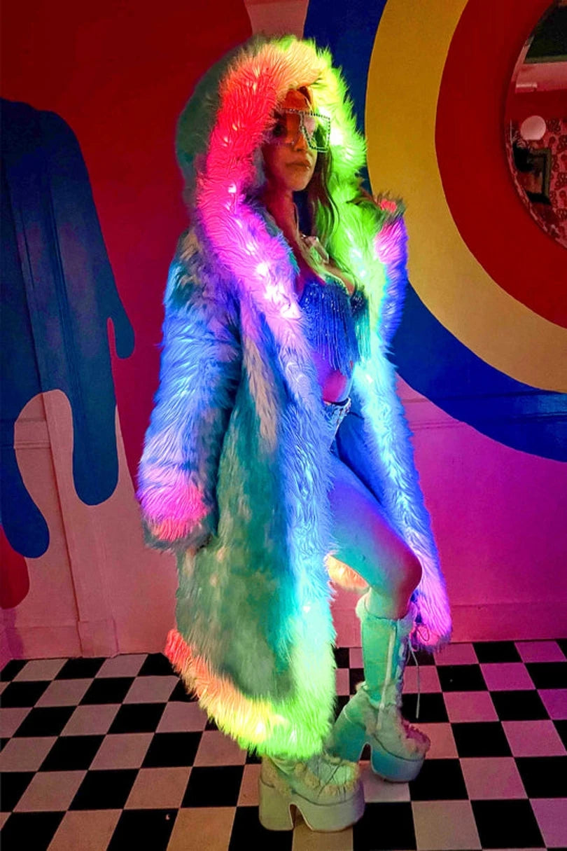 Remote Controlled LED Lighting Festival And Party Costume Women Faux Fox Fur Coat