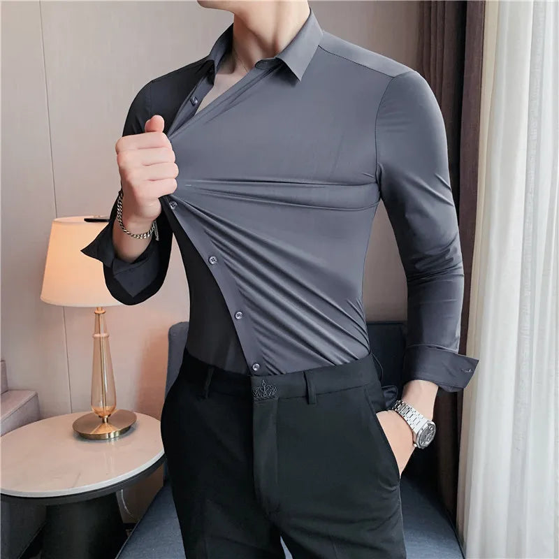 High Elasticity Seamless Shirts Men Long Sleeve Top Quality Slim Casual Luxury Shirt Social Formal Dress Shirts