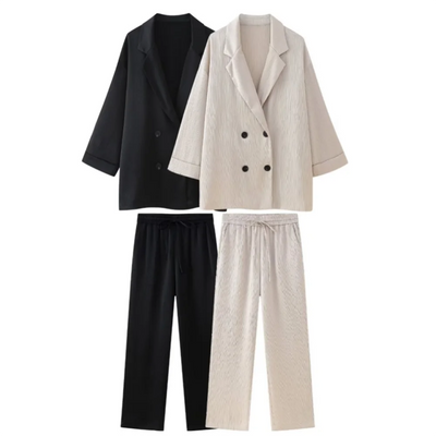 New Women's Fashion and Elegance Versatile Wrinkle Effect Double breasted Suit Coat Straight leg Trouser Set